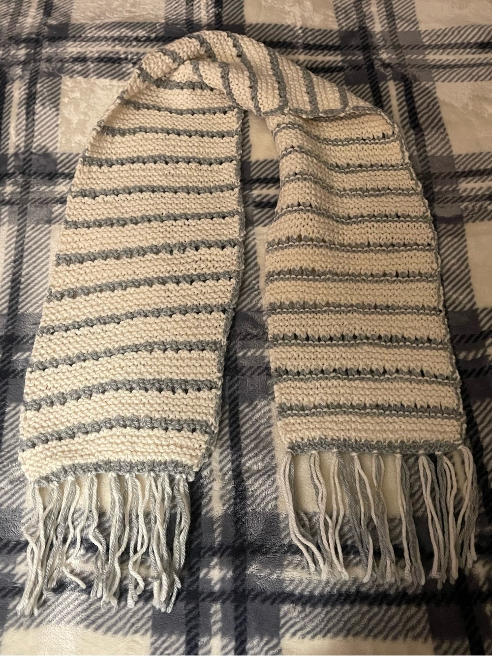 Handmade Cream and Gray Striped Knit Scarf with Fringe